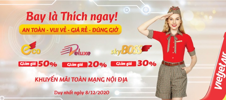 Vietjet khuyến mãi giảm giá tất cả các hạng vé Eco, Deluxe, Skyboss