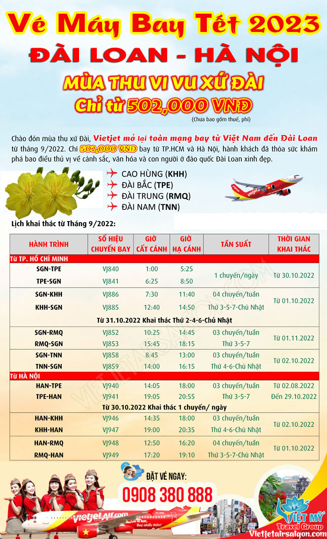 Vé máy bay TẾT 2023 Đài Loan - Hà Nội giá từ 502k/chặng