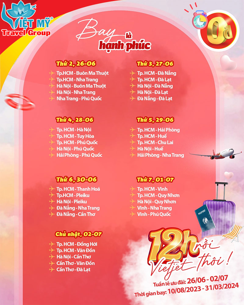 Giờ trưa 12h đến 14h săn vé 0Đ Vietjet - Ưu đãi có hạn