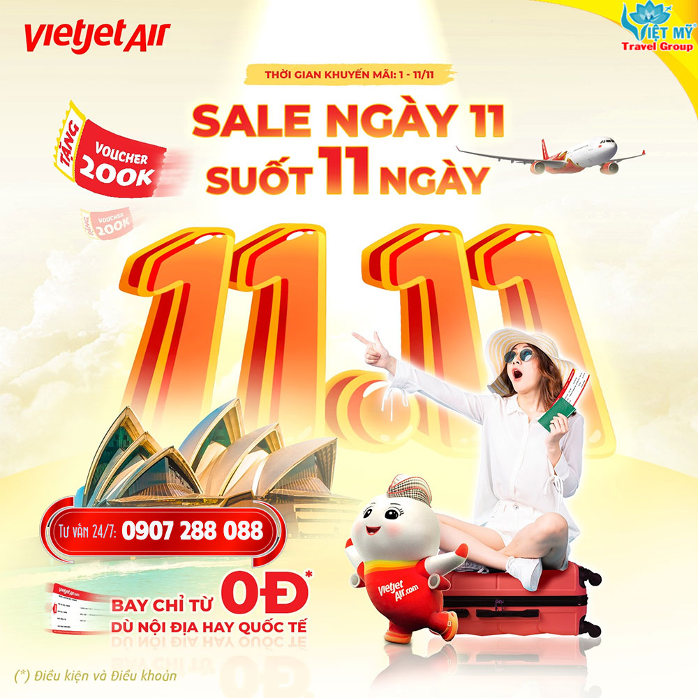 Nhân 11 tháng 11 Vietjet SALE vé 0Đ toàn mạng bay