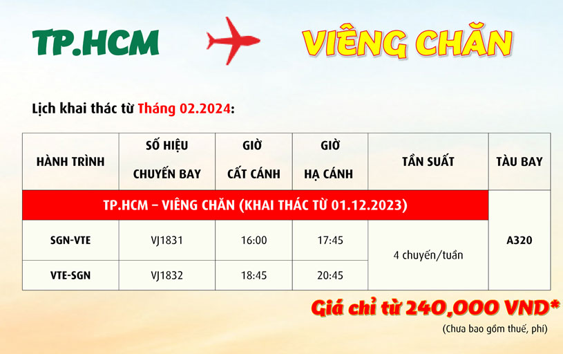 Vietjet Mở Đường Bay Mới TP HCM đến Viêng Chăn