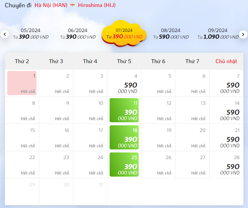 Giá vé máy bay Hà Nội đi Hiroshima hãng Vietjet Air