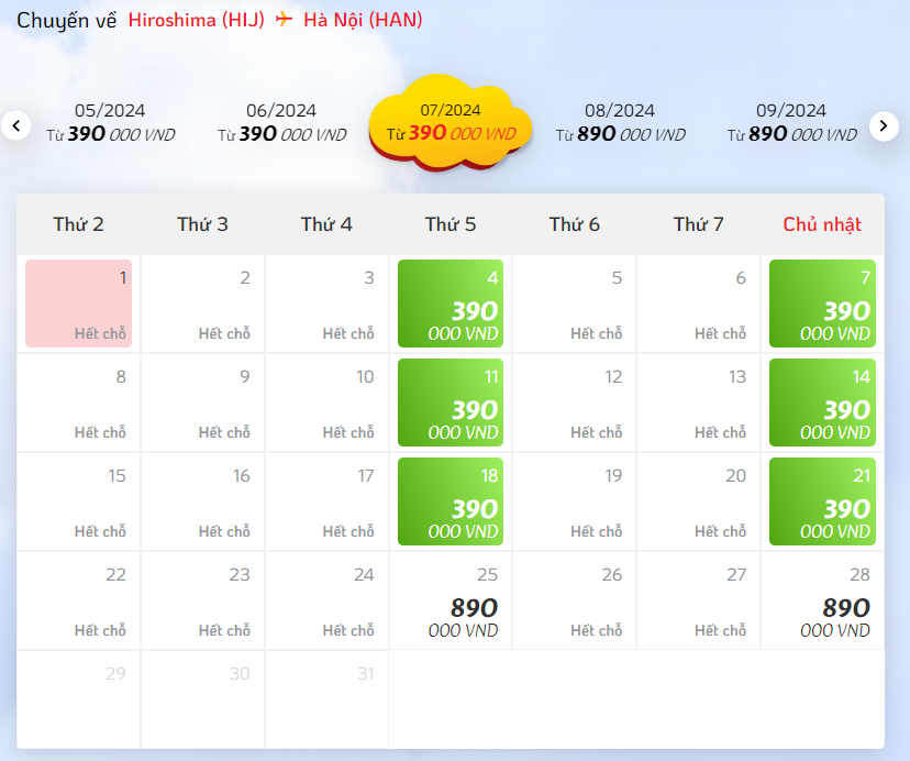 Giá vé máy bay Hiroshima đi Hà Nội hãng Vietjet Air