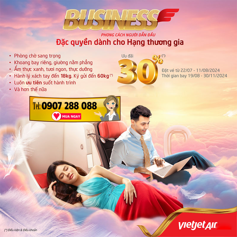 Giảm 30% vé Business và SkyBoss từ Vietjet! 1 Giảm 30% vé Business và SkyBoss từ Vietjet!