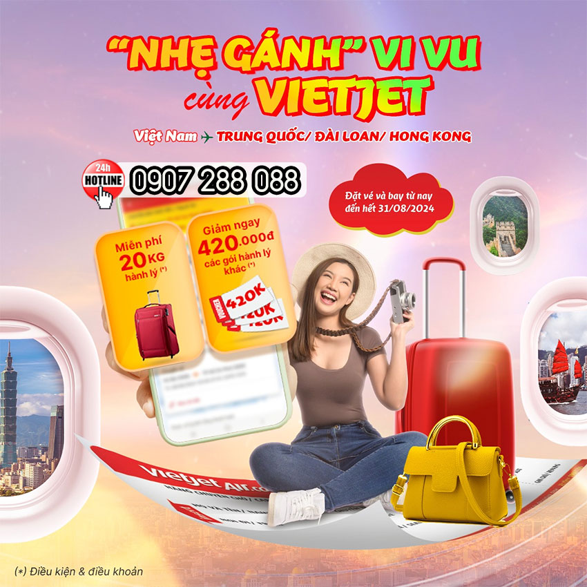 Miễn phí 20kg hành lý ký gửi cùng Vietjet Air