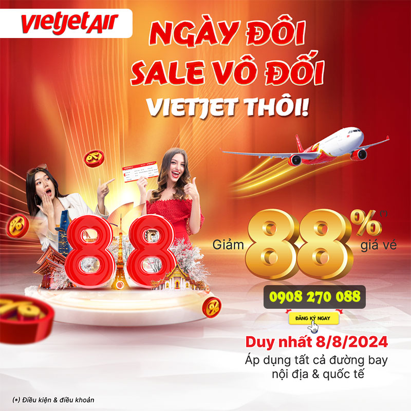Vietjet SALE vô đối với ngày đôi 8 tháng 8 - GIẢM đến 88% giá vé bay