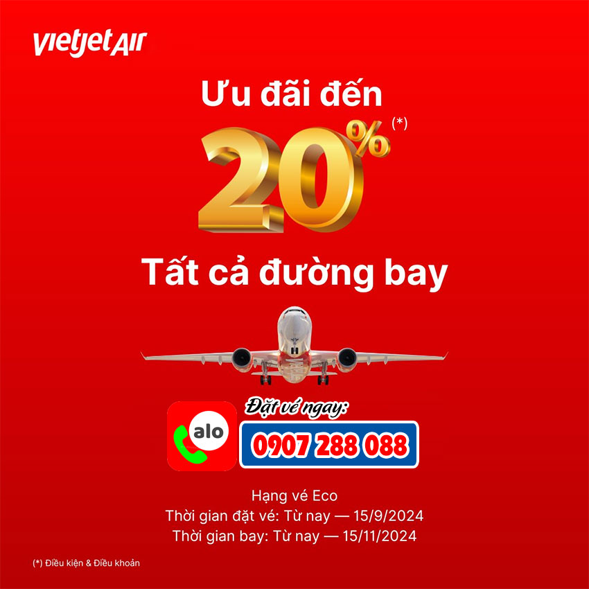 Vietjet ưu đãi đến 20% tất cả các đường bay