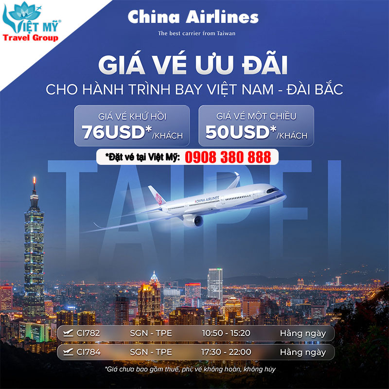 China Airlines khuyến mãi vé TPHCM đi Đài Bắc chỉ từ 50 USD/lượt!