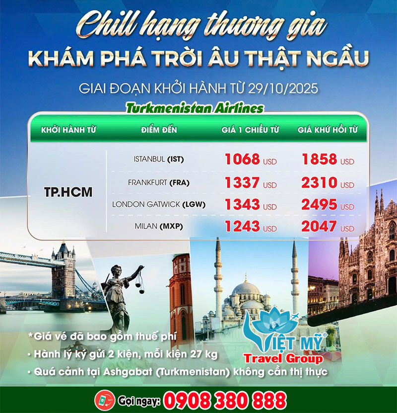 Khuyến mãi vé Business Class Turkmenistan Airlines đi Châu Âu