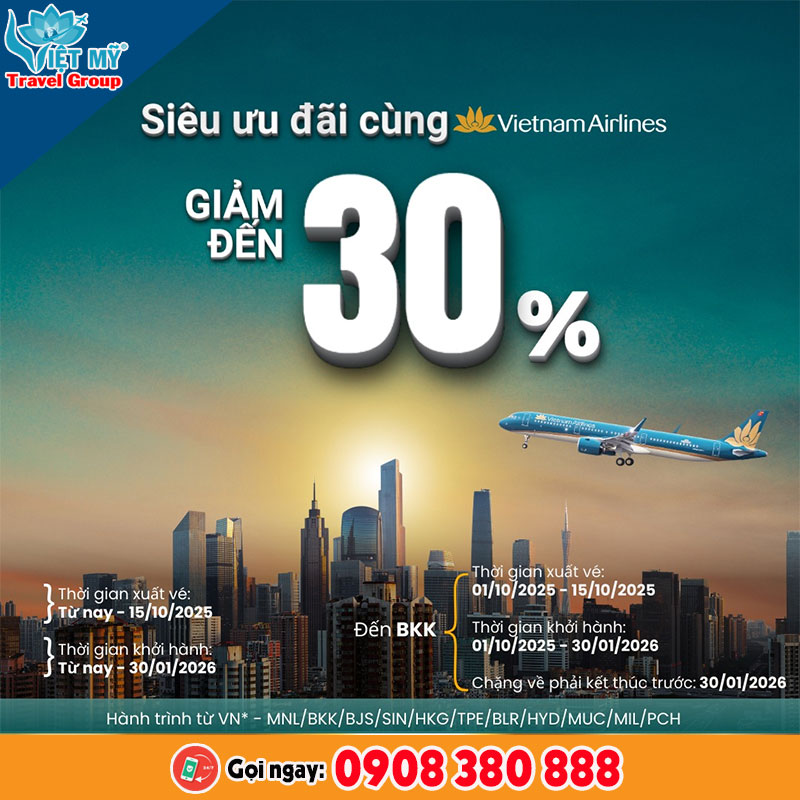Siêu ưu đãi Vietnam Airlines giảm đến 30% - Đặt vé ngay tại Việt Mỹ