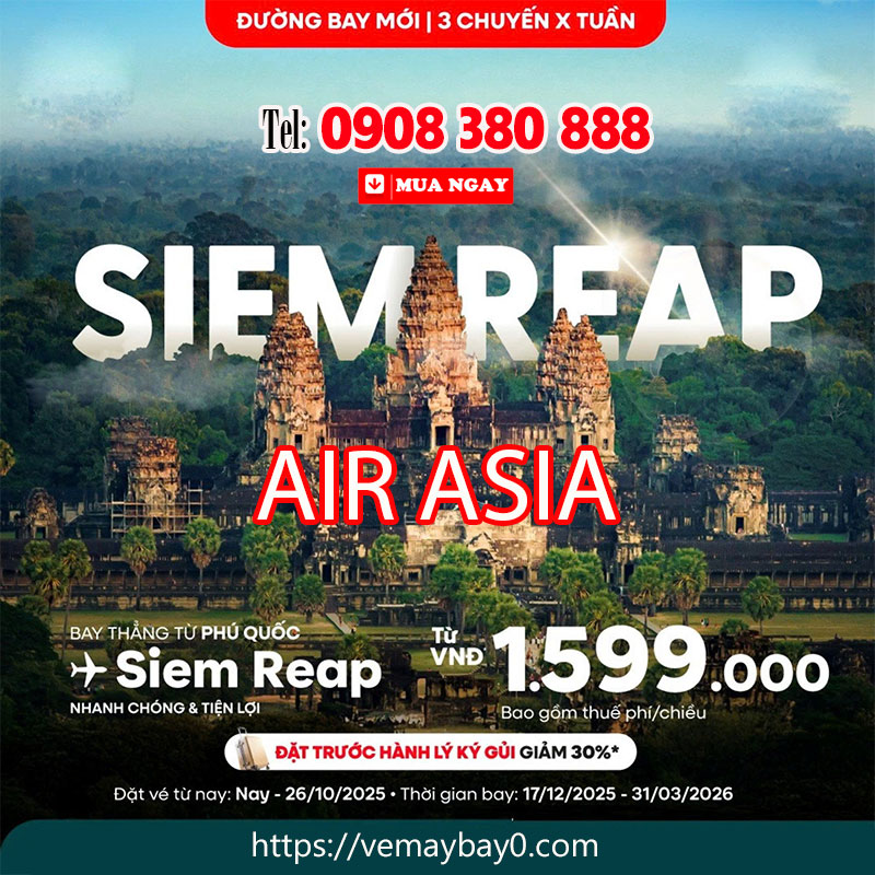 Bay Phú Quốc đi Siem Reap cùng AirAsia: Ưu đãi hành lý giảm 30%