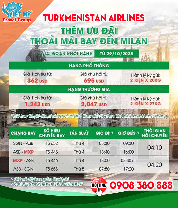 Turkmenistan Airlines mở bán vé đi Milan chỉ từ 695 USD - Không cần visa quá cảnh 1 Turkmenistan Airlines mở bán vé đi Milan chỉ từ 695 USD - Không cần visa quá cảnh
