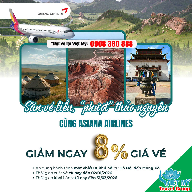 Asiana Airlines giảm giá 8% cho vé đi Mông Cổ