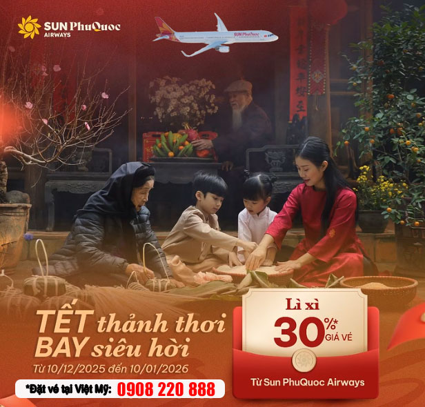 Vé máy bay Tết 2026 Sun PhuQuoc Airways giảm đến 30%