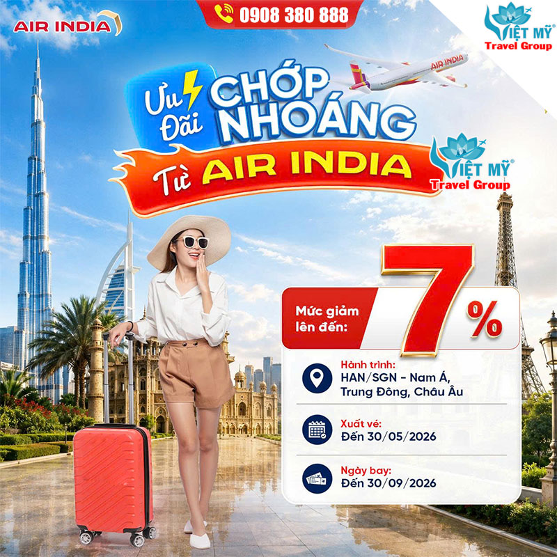 Air India Flash Sale hè 2026 giảm đến 7% vé quốc tế