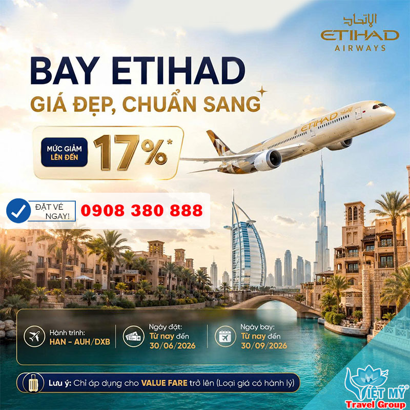 Săn vé Etihad Airways giá tốt đi Dubai, Paris, London hè 2026