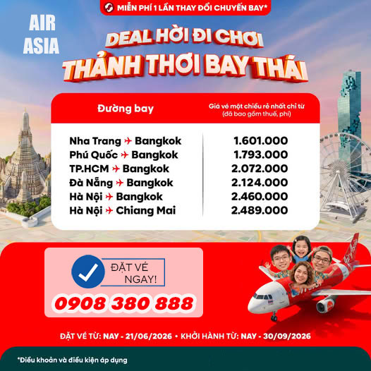 AirAsia ưu đãi vé đi Bangkok và Chiang Mai hấp dẫn mùa hè 2026