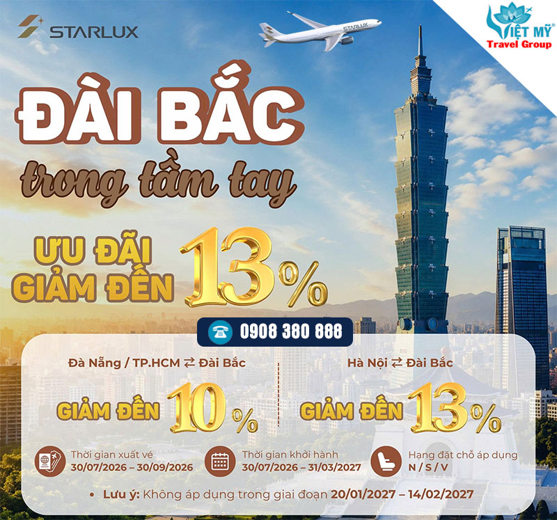 STARLUX Airlines ưu đãi đến 13% vé đi Đài Bắc - Đài Loan