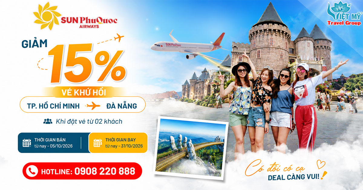 Sun PhuQuoc Airways giảm 15% vé khứ hồi TpHCM - Đà Nẵng