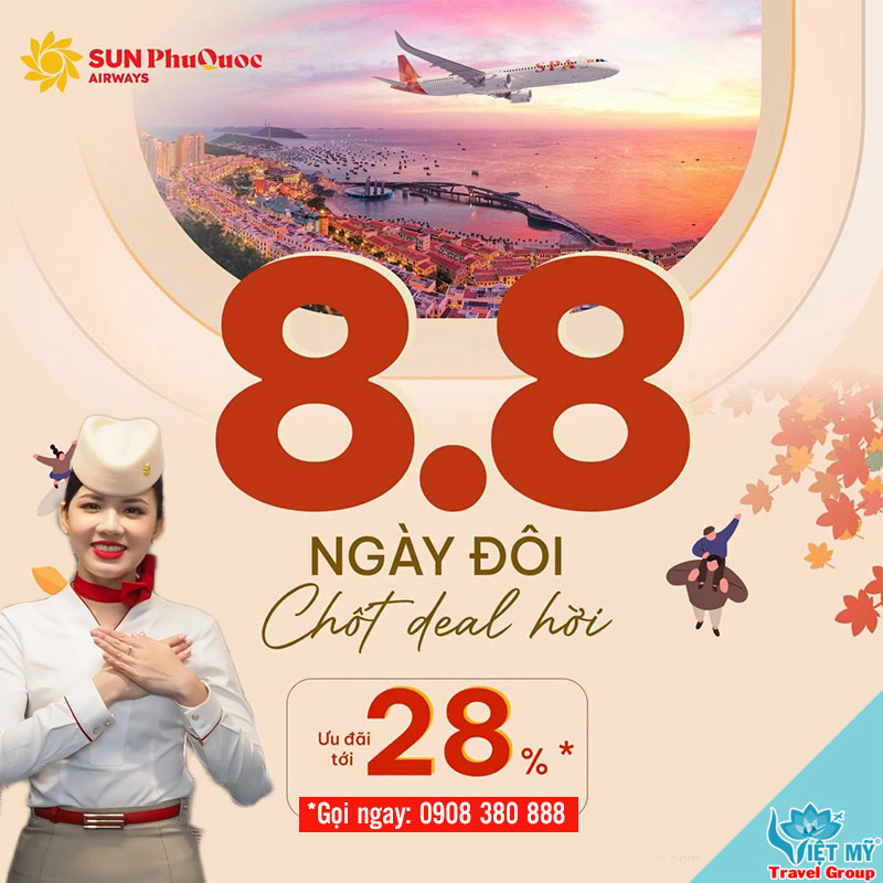 Ưu đãi 08/08 Sun PhuQuoc Airways giảm đến 28% - Đặt vé ngay tại Việt Mỹ