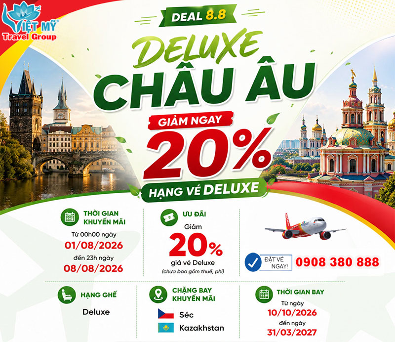 Vietjet Air ưu đãi 8.8 - Giảm ngay 20% hạng vé Deluxe đi Châu Âu