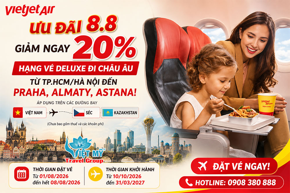 Vietjet Air ưu đãi 8.8 - Giảm ngay 20% hạng vé Deluxe đi Châu Âu