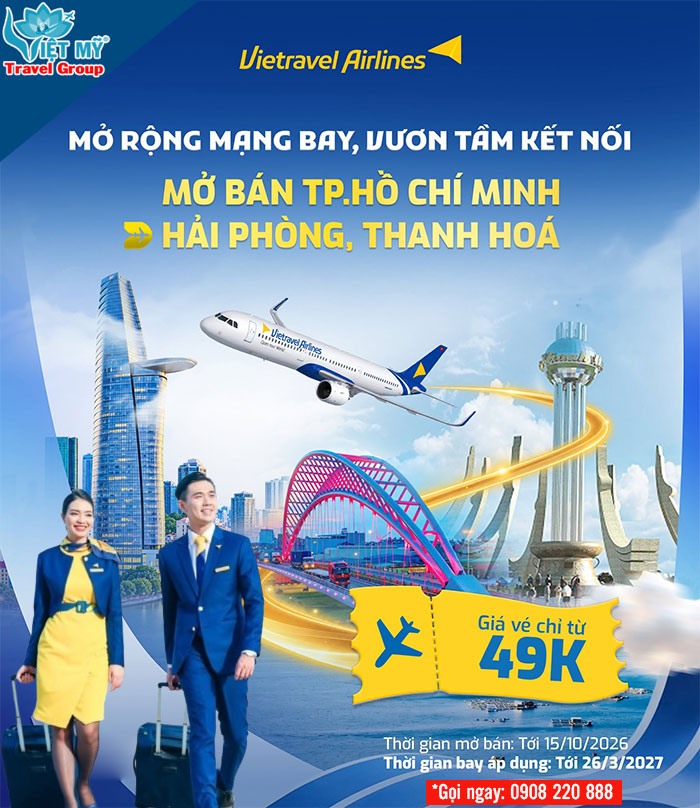 Săn vé Vietravel Airlines từ 49K: TpHCM bay thẳng Hải Phòng, Thanh Hóa 1 Săn vé Vietravel Airlines từ 49K: TpHCM bay thẳng Hải Phòng, Thanh Hóa